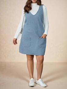 SHEIN Tall CURVE 大码秋冬万圣节圣诞节新年商务休闲乡村复古朴素老钱日常穿着时尚蓝色牛仔迷你连衣裙女式 A 字形设计带口袋百搭无袖 - 藍色 - 查看 4