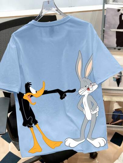 Looney Tunes X Manfinity Manfinity Joysei Men's Casual Everyday Commute Funny Cartoon & Letter Print Loose T-Shirt, Summer Baby Blue T Shirt