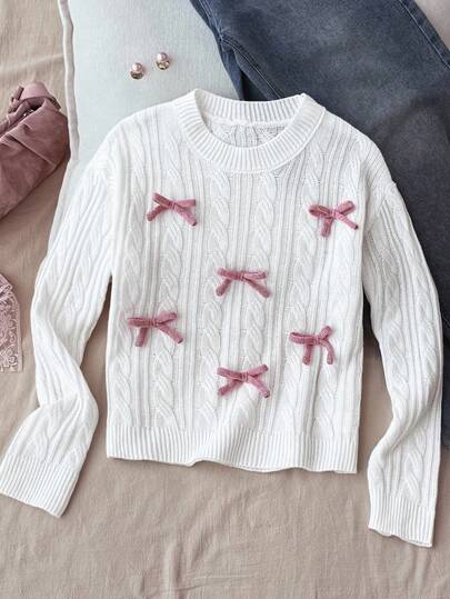 SHEIN Teen Girls Casual Bowknot Decor Round Neck Sweater, Comfortable & Versatile For Daily Wear,Suitable For Halloween Party, Back To School, Gatherings, Outings, Fall Winter,Christmas,Happy New Year