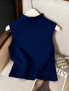 Franclia Casual Loose Turtleneck Sleeveless Knitted Button Design Red Women Sweater Top, Spring/Autumn - Navy Blue - View 2