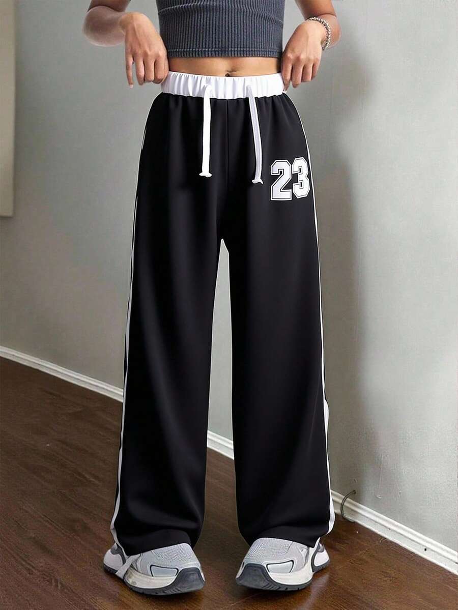 SHEIN Personalized Color Block Print Sports Casual Pants For Tween Girls Vibrant Color Clash, Unique Numeric Print Accent, Loose Fit For Active Lifestyle And Street Wear, Summer - Black - View 1