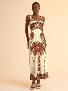 CAJUNI Women Boho Banana Tree And Pineapple Print, Hollow Waist Back Binding Sleeveless Pink Dress, Holiday Casual Summer Dress