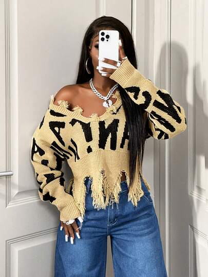 BamGleam Autumn/Winter Short Ripped English Letter Pullover Sweater