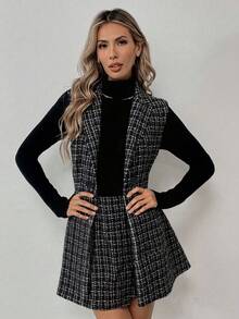 Elyressa Damset med rutig ärmlös jacka och midikjol, elegant 2-delat set, höst/vinter - Svart - Visa 5