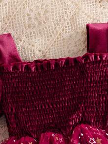 SHEIN Young Girl' Burgundy Autumn 7th Birthday Velvet Dress With Puff Sleeves,Tulle Skirt With White Printed Powder Decor Cute For Party Formal Occasions - Burgundy - View 7
