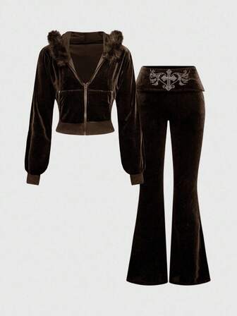 Grunge Punk Y2K Velvet Crop Top Hoodie & Flare Pants 2 Pieces Set For Women