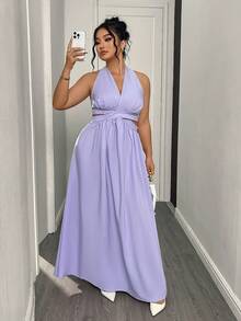 SHEIN Elenzya Váy Maxi không tay xếp ly cỡ lớn dành cho nữ, eo thắt, thiết kế hở lưng gợi cảm - Màu tím  Violet - Xem 5