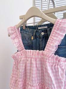 SHEIN PETITE CURVE 大码女式荷叶边格子短袖衬衫 - 淺粉色 - 查看 6