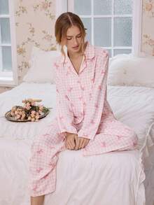 FloralLove 粉色格子蝴蝶结领宽松长袖上衣和裤子女士睡衣套装，冬季服装 - 粉色 - 查看 6