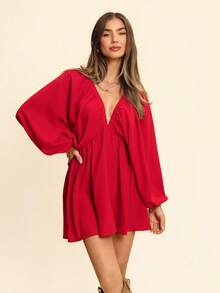 Coeurva 女士假日休閒純色燈籠袖迷你連衣裙 - 紅色 - 查看 3