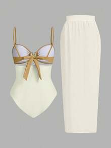 Swim Oasis Colorblock Cut Out Summer Beach One Piece Swimsuit One Piece Bathing Suit & Solid Beach Cover Up Skirt