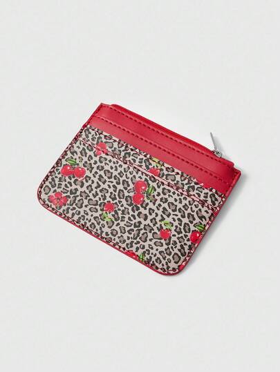 Grunge Punk Damen tragbare Kartenhülle, Vintage Leoparden- und Kirschprint Münzbörse