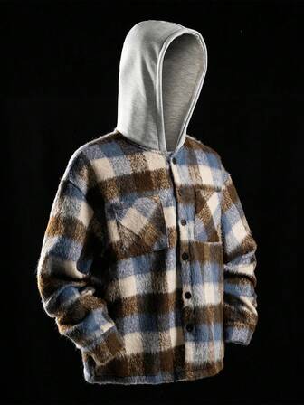 Street Life Men's Plaid Single-Breasted Pocket Design Casual Hooded Jacket, Autumn/Winter
