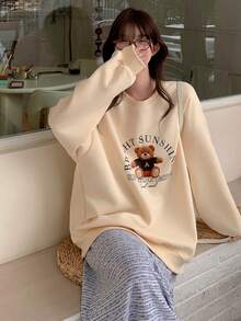 DAZY Áo nỉ cổ tròn lót nhiệt in hình gấu hoạt hình dành cho nữ, Thu/Đông - Vàng nhạt - Xem 10