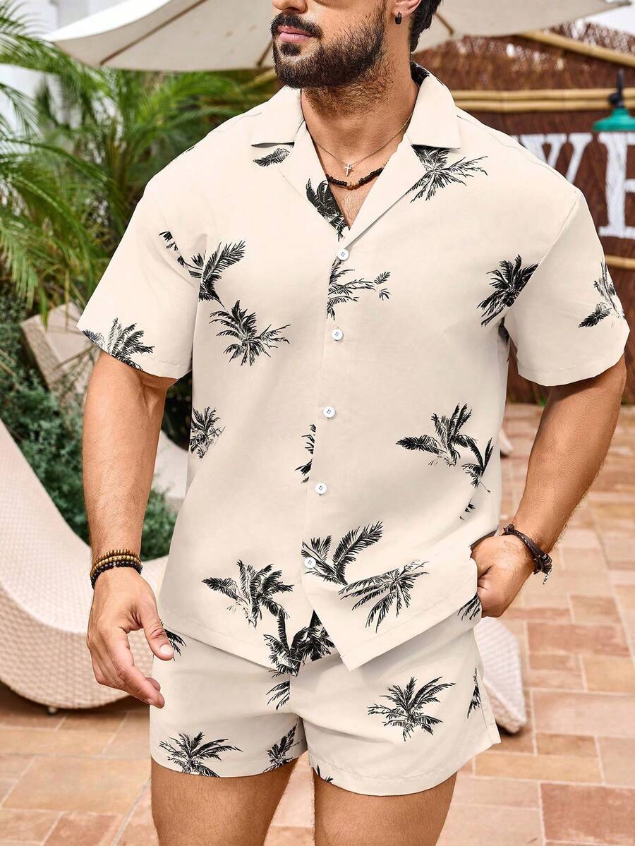 Palasendo 男士全印花短袖休闲沙滩套装,单排扣细节,夏季,夏威夷夏季两件套男士夏季两件套 - 卡其色 - 查看 1