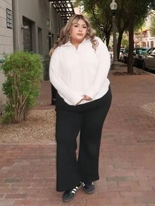 Enliva Melanieangelese Plus Size Autumn/Winter Casual Solid Color Wide-Waist Thickened Pants, For Apple Rounded Body Shape