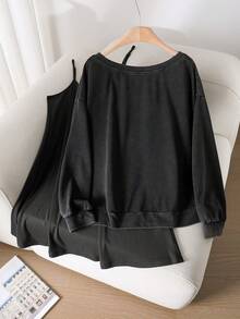 CosyJoli Conjunto de camiseta de manga larga con cuello redondo y vestido camisola con parches de encaje de mariposa para tallas grandes - Negro - Ver 2