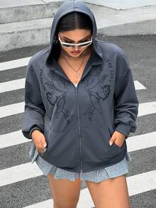 SHEIN EZwear 大码标语及人物图案落肩拉链卫衣，爱的使者，秋冬季 - 深灰色 - 查看 1
