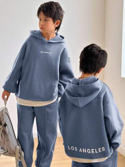 SHEIN 青少年男孩休闲韩版宽松字母印花长袖连帽衫和松紧腰裤套装，适合秋季/春季、户外玩耍、学校、街头风格、派对和休闲