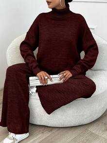 SHEIN Tall Pulover cu guler înalt și umeri căzuți, 2 buc., și pantaloni cu nervuri, culoare uni - Burgundia - Vizualizare 1
