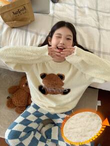 DAZY 女士小熊英文印花宽松针织长袖上衣和裤子两件套睡衣，秋冬季保暖内衬，舒适保暖，蓬松柔软 - 白色 - 查看 3