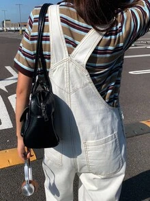 DAZY 女式宽松全白牛仔背带裤，秋季 - 白色 - 查看 2