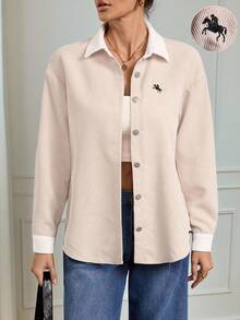 SHEIN Tall Women's Fall Drop Shoulder Single-Breasted Corduroy Embroidered Jacket - Apricot - View 3