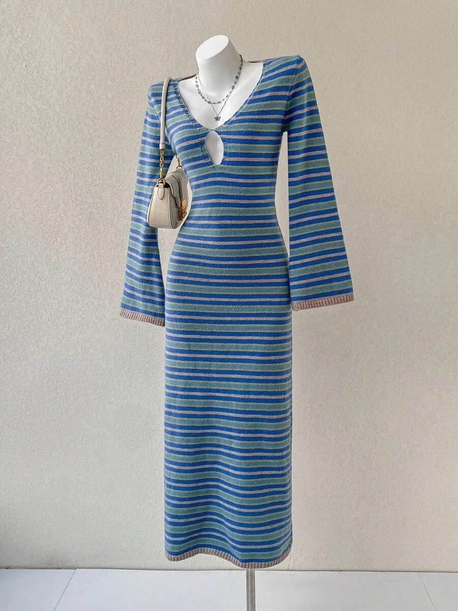 Flirla Colorblock Striped Elegant Party Women Sweater Dresses - Multicolor - View 1