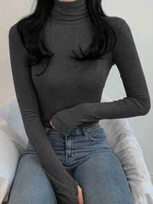 DAZY 女式高领紧身保暖内衬T恤长袖上衣 - 深灰色 - 查看 5