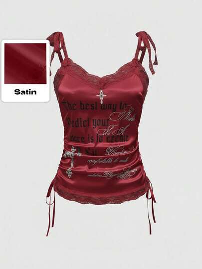 ROMWE Avant Camiseta de satén con estampado de cruz y ángel de Halloween para mujer