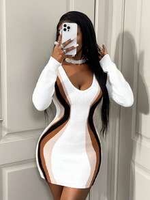 BamGleam Women's Sweater Dress Knitted Long Sleeve Low-Cut Large Round Neck Khaki Black Stripes Ultra-Short Cut Multi-Color White Flesh-Colored Khaki Black Slim Sexy Vacation Travel Casual Party Women's Clothing Spring And Autumn Style Summer Winter Autumn