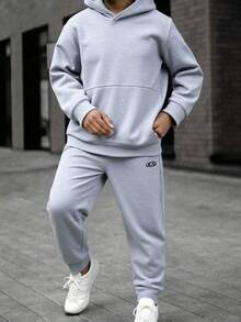SHEIN Teenager Boys'Casual Streetwear Hoodie And Sweatpants Set,Autumn Back-To-School Graduation 2 Piece Solid Embroidery Tracksuit Jogging Clothes - Light Grey - View 3