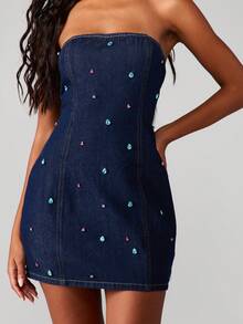 MISSGUIDED Gem Detail Strapless Bodycon Mini Dress - Sparkly Denim Bandeau Party Dress For Concerts Festivals Nights Out