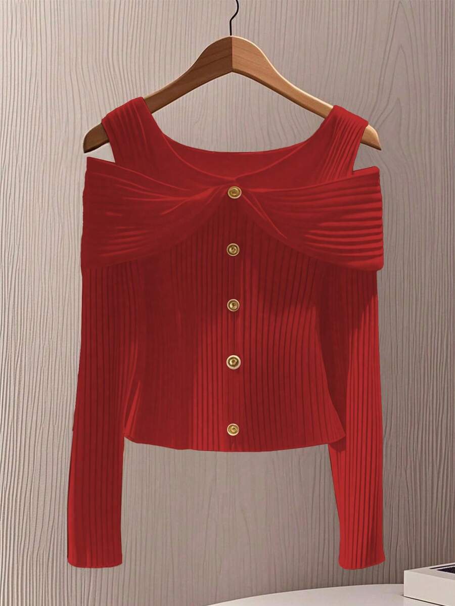 GlowEve Women's Solid Color Button Design Off-Shoulder Long Sleeve Fashion T-Shirt - Red - View 1