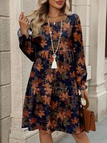 EMERY ROSE Casual Elegant Women's Autumn Leaf Print Mid-Length Dress, Suitable For Autumn/Winter - Multicolor - View 2