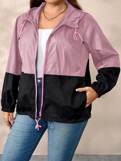 EMERY ROSE Plus Size Women Contrast Color Patchwork Hooded Drawstring Zip Up Casual Jacket