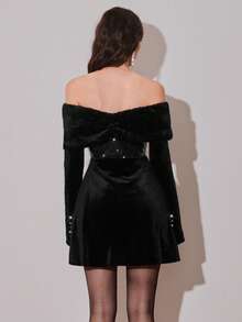 NOVVYNE Women's Elegant Ruched Off Shoulder Long Sleeve Rhinestone Floral Decor Short Dress