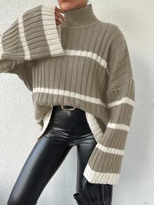 EURMUSE Maglione casual oversize da donna con collo alto a righe, maniche lunghe e spalle scoperte, adatto per l'autunno / inverno - Beige - Visualizzare 3
