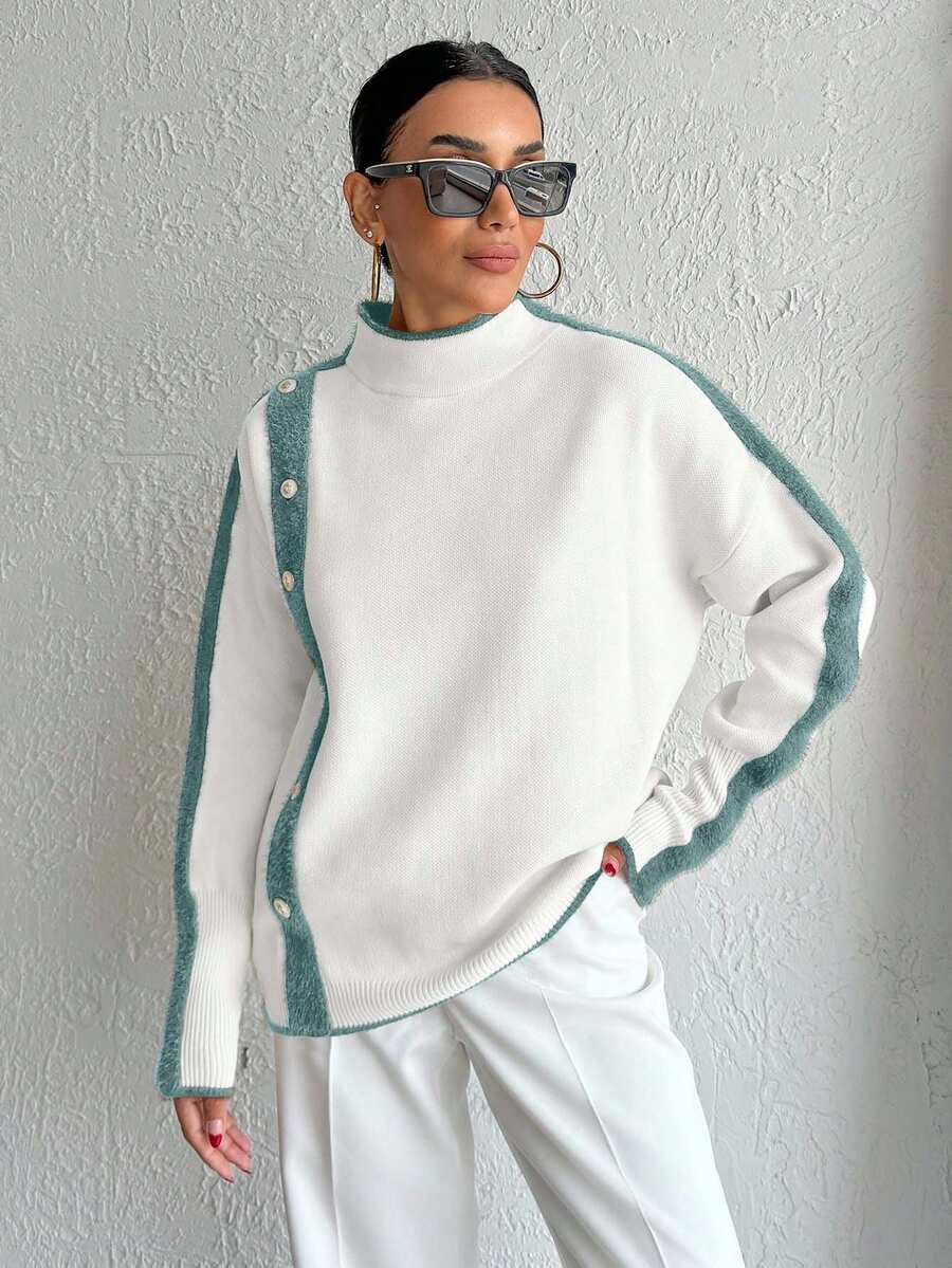 EURMUSE Casual Color Block Stand Collar Sweater, Autumn/Winter - Mint Green - View 1