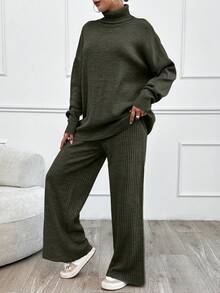 SHEIN Tall 2pcs High Neck Drop Shoulder Sweater And Ribbed Solid Color Sweater Pants - Army Green - View 3