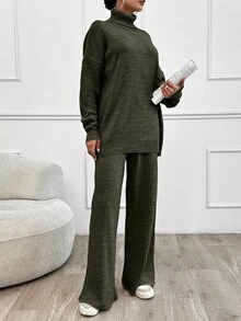 SHEIN Tall 2pcs High Neck Drop Shoulder Sweater And Ribbed Solid Color Sweater Pants - Army Green - View 4