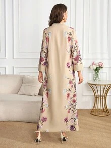 Al Najma 女士优雅花卉印花阿拉伯风格连衣裙 - 杏色 - 查看 2