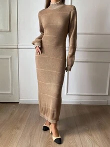 DAZY Robe pull col roulé rayée blocs de couleurs pour femmes, automne - Kaki - Voir 4