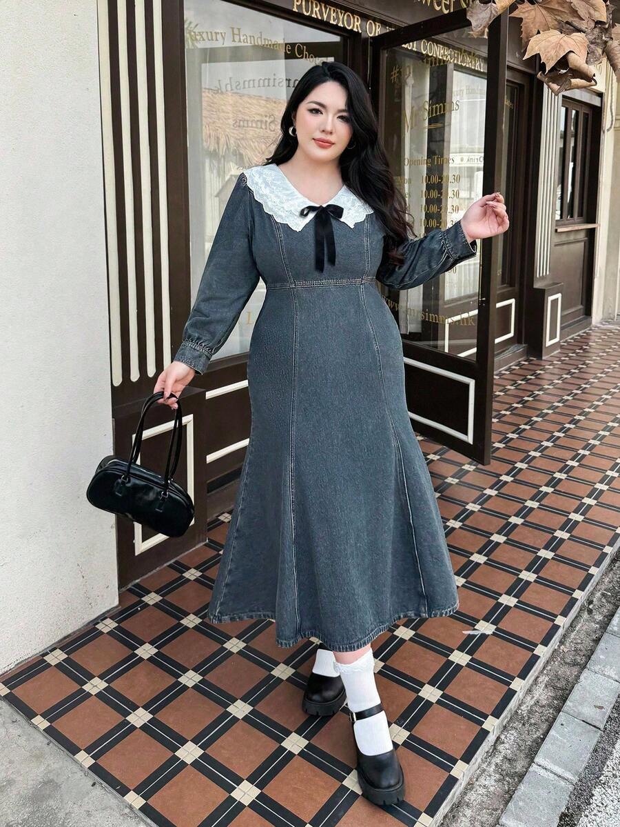 Rivivi 大码女式甜美街头芭蕾风格中蓝色无弹力牛仔连衣裙 - 中等水洗藍 - 查看 1