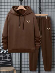 Manfinity Homme Bộ đồ nỉ có mũ trùm đầu dành cho nam, họa tiết đầu hươu, phong cách thường ngày, phù hợp để đi làm hàng ngày, trang phục mùa thu/đông - Cà phê nâu - Xem 3