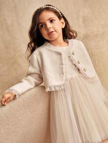 SHEIN Girl's Princess Dress, Beige, Small Fragrant Style Jacket Set, Skirt Mesh Dress, Vacation, Partywear ,Valentine's Day,Birthday Dress, New Year's Day, Birthday Party, Wedding Festival Dress Dress, Gorgeous Dress Dress, Middle East, Europe And America