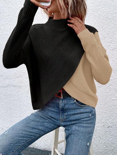 EMERY ROSE Women's Contrast Color Stand Collar Drop Shoulder Long Sleeve Casual Pullover Sweater, Autumn/Winter