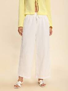 Coeurva Frilled Waist Solid Wide Leg Pants - White - View 4