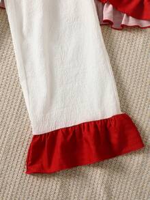 SHEIN 青少年女孩宽松休闲简约舒适 V 领拼接撞色蝴蝶结荷叶边下摆上衣和裤子家居服套装 - 紅白色 - 查看 5