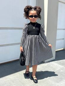 Firerie Kids Young Girls' Black Plaid Puff Sleeve Casual Pullover Dress, Fashionable And Versatile For Everyday Wear - Black - View 1